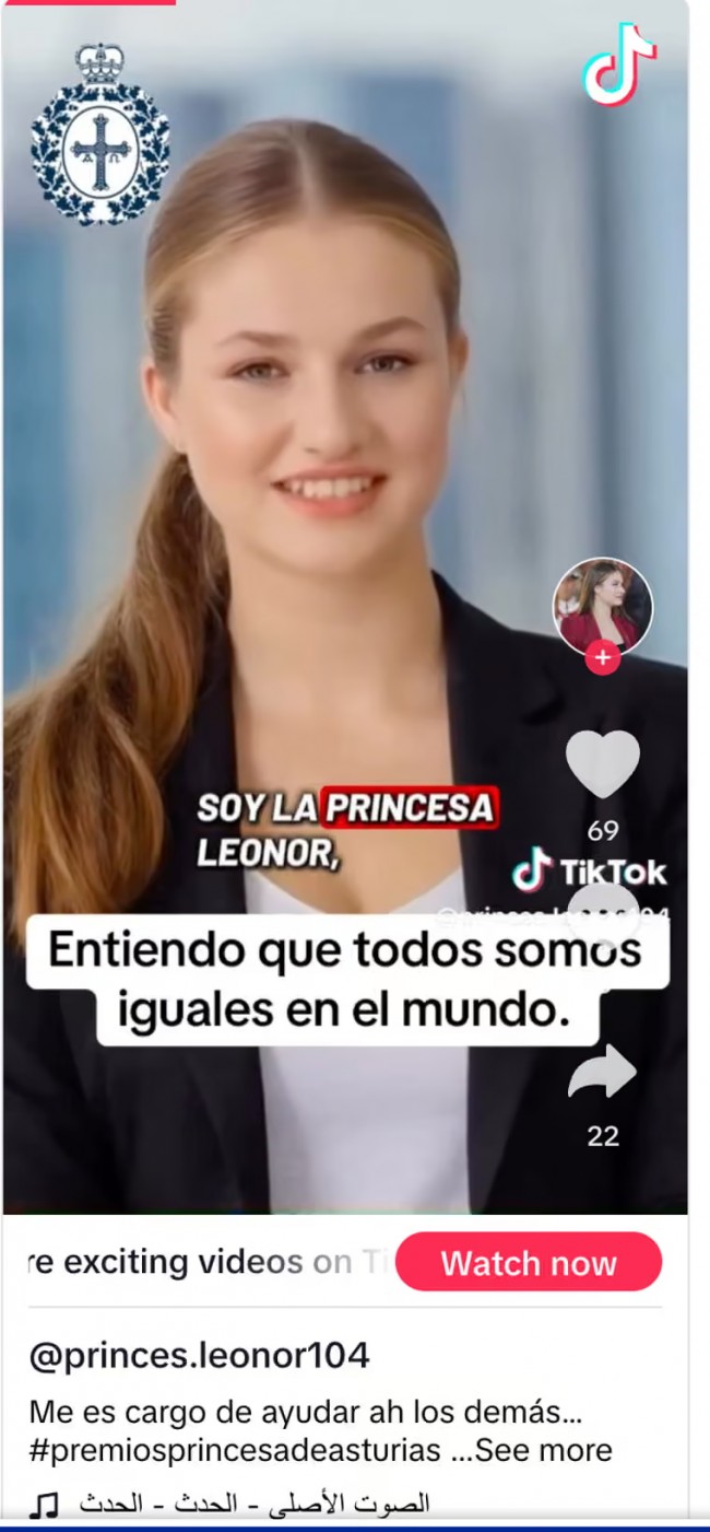 Varoitus: TikTok-huijaus, jossa käytetään tekoälyvideoita Espanjan prinsessa Leonorista