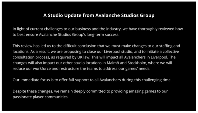 Avalanche Studios sulkee Liverpoolin toimiston ja vähentää henkilökuntaa Ruotsissa