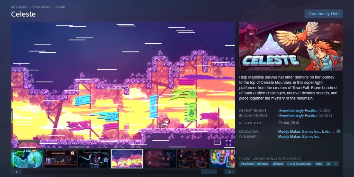 Kuvakaappaus Celeste-pelin Steam-kauppasivusta, jossa näkyy pelikuvia ja tuotetietoja.