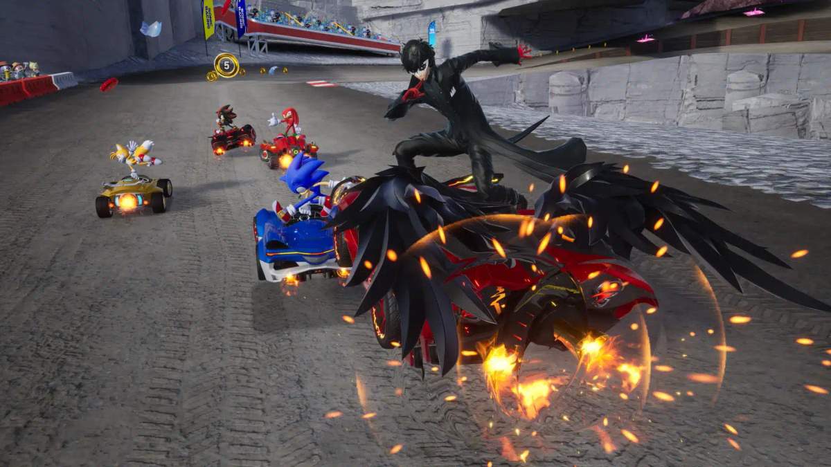 Pelikuvaa Sonic Racing: CrossWorlds -pelistä, jossa Sonic ja muut crossover-hahmot ajavat kilpaa autoilla.