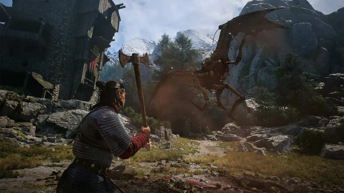 Suurta kirvestä pitelevä soturi vastakkain siivekkään olennon kanssa vuoristomaisemassa pelissä The Blood of Dawnwalker