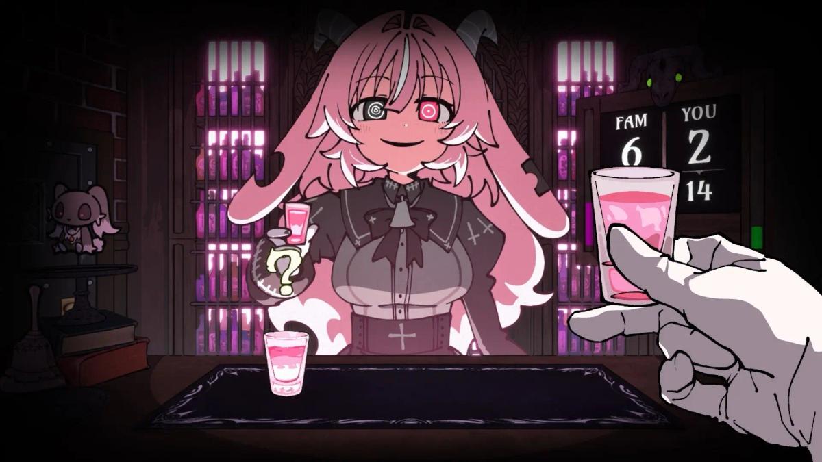 Pelikuva Drunken Goddess Reflux -pelistä, jossa vaaleanpunatukkainen animehahmo on juomapelin tiimellyksessä.
