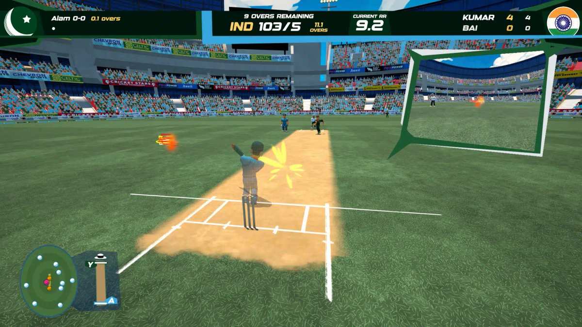 Pelikuvaa Don Bradman Cricket Jr -pelistä, jossa nähdään tyylitelty krikettiottelu stadionilla.